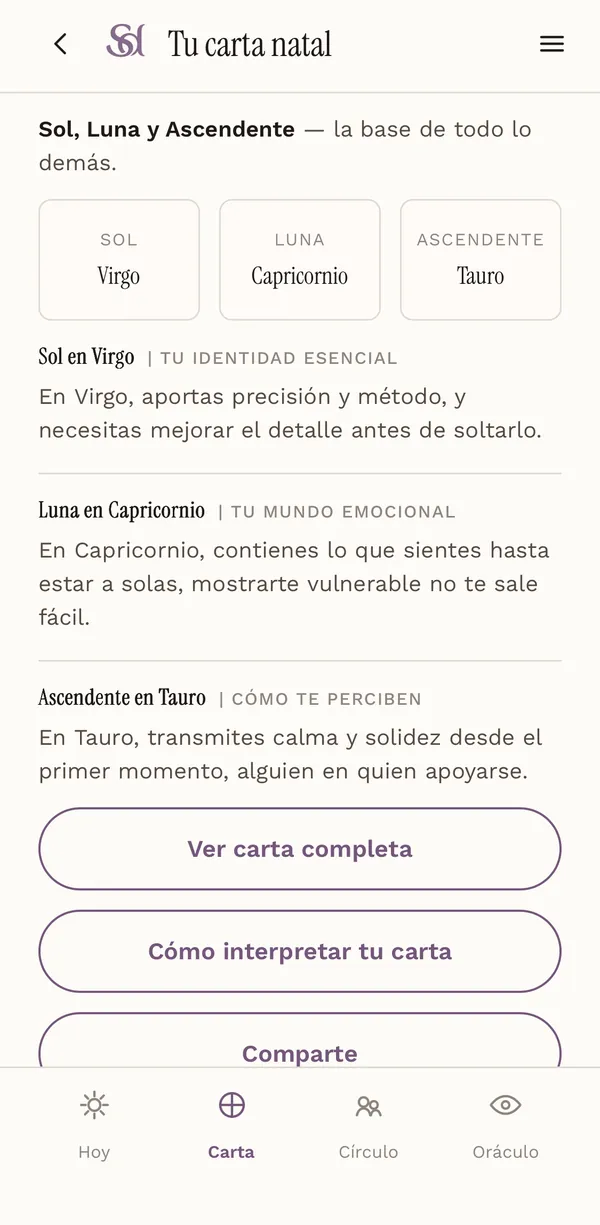 Pantalla Carta de Sideria con Sol en Virgo, Luna en Capricornio y Ascendente en Tauro