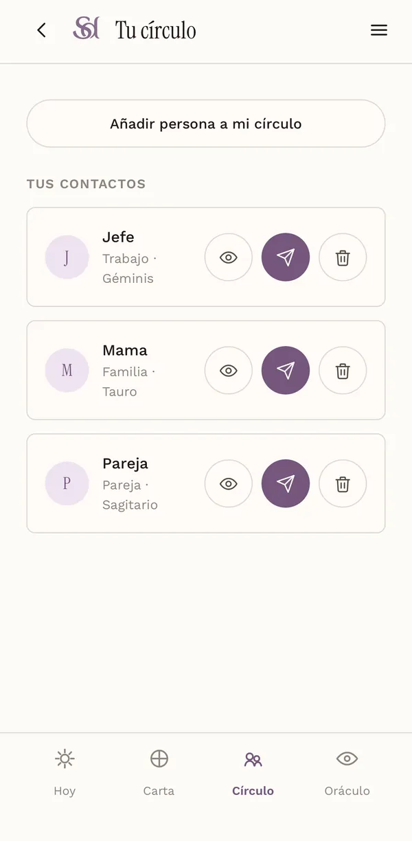 Pantalla Círculo de Sideria con tres contactos: trabajo, familia y pareja