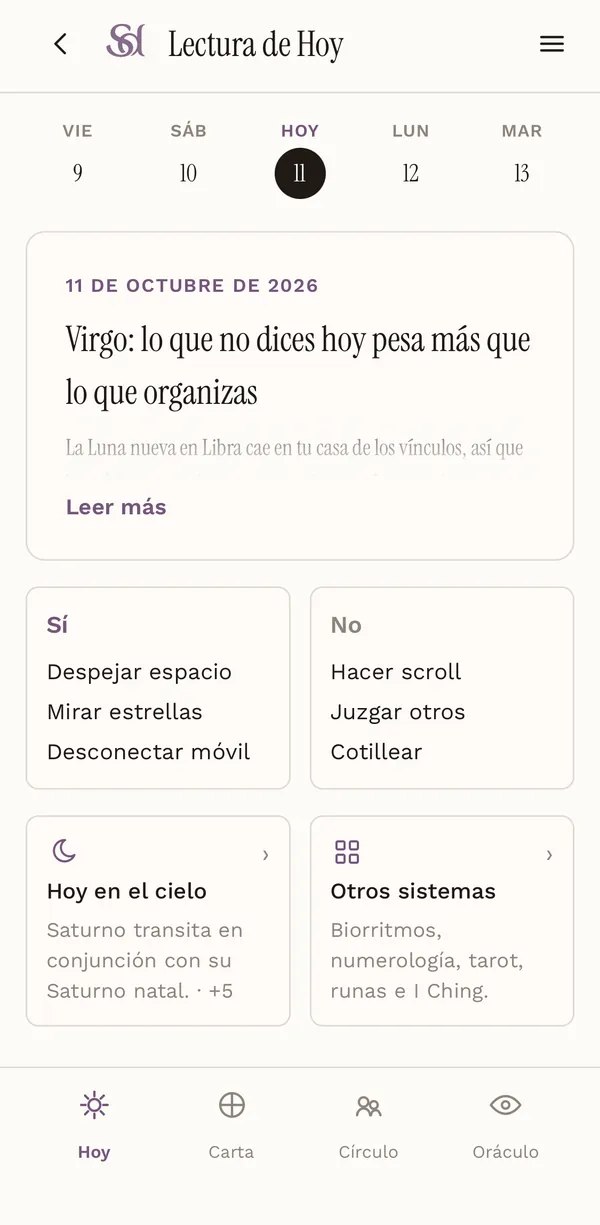 Pantalla Hoy de Sideria: lectura diaria de Virgo, con sus Sí y No del día