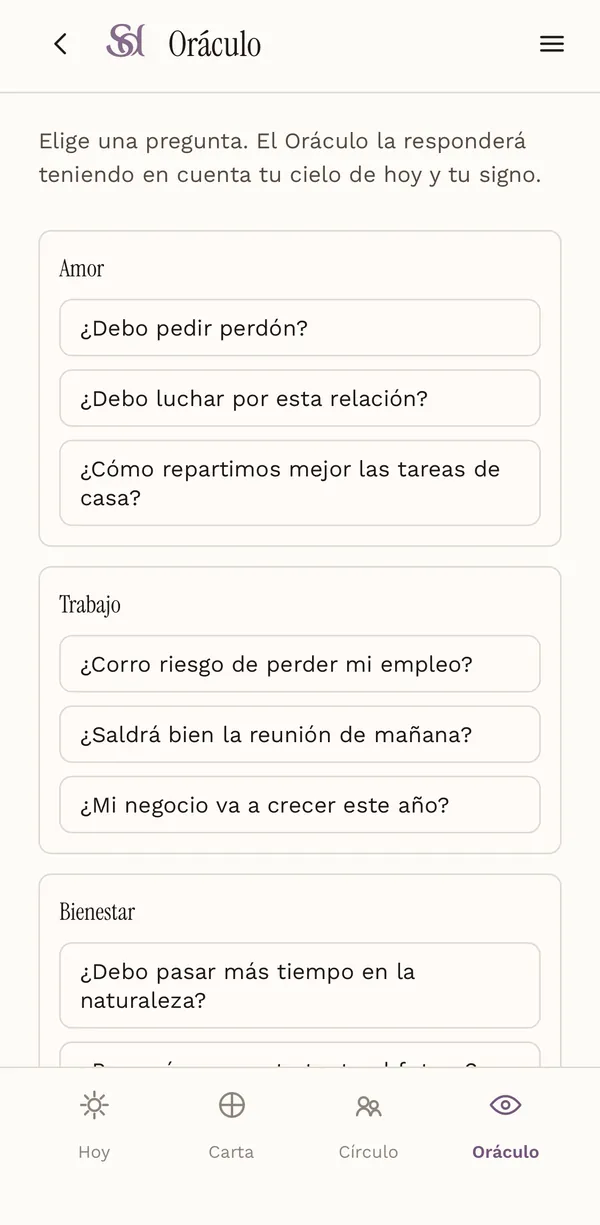Pantalla Oráculo de Sideria con preguntas de amor, trabajo y bienestar